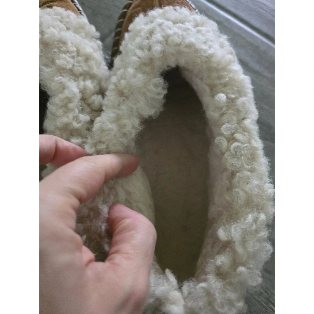 Tory Burch Tan Suede Shearling Lined Platform Slipper Loafers Womens 9M Logo